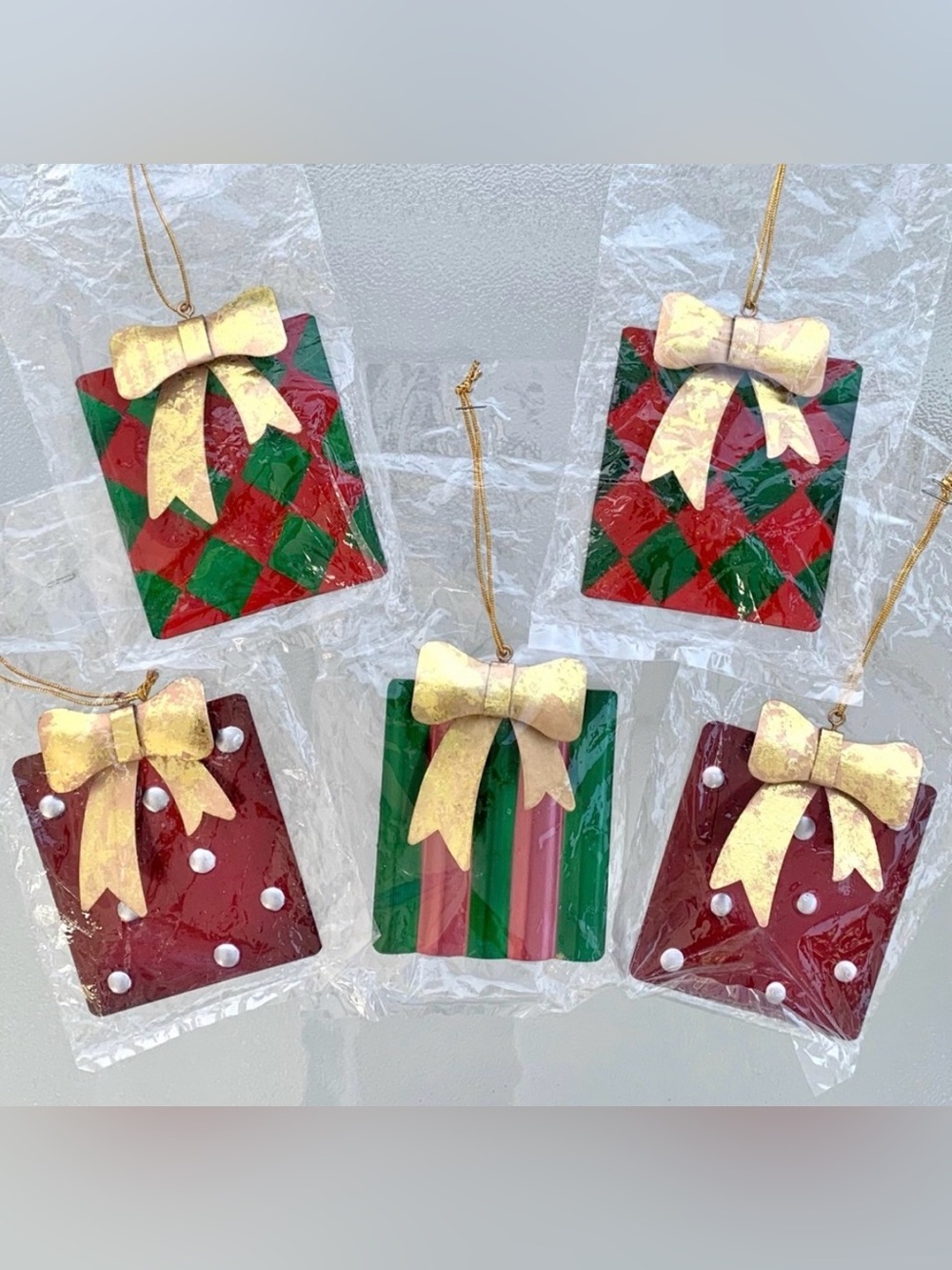 Festive 3D Textured Metal Gift with Gold Bow Christmas Ornaments ~ Set of 5